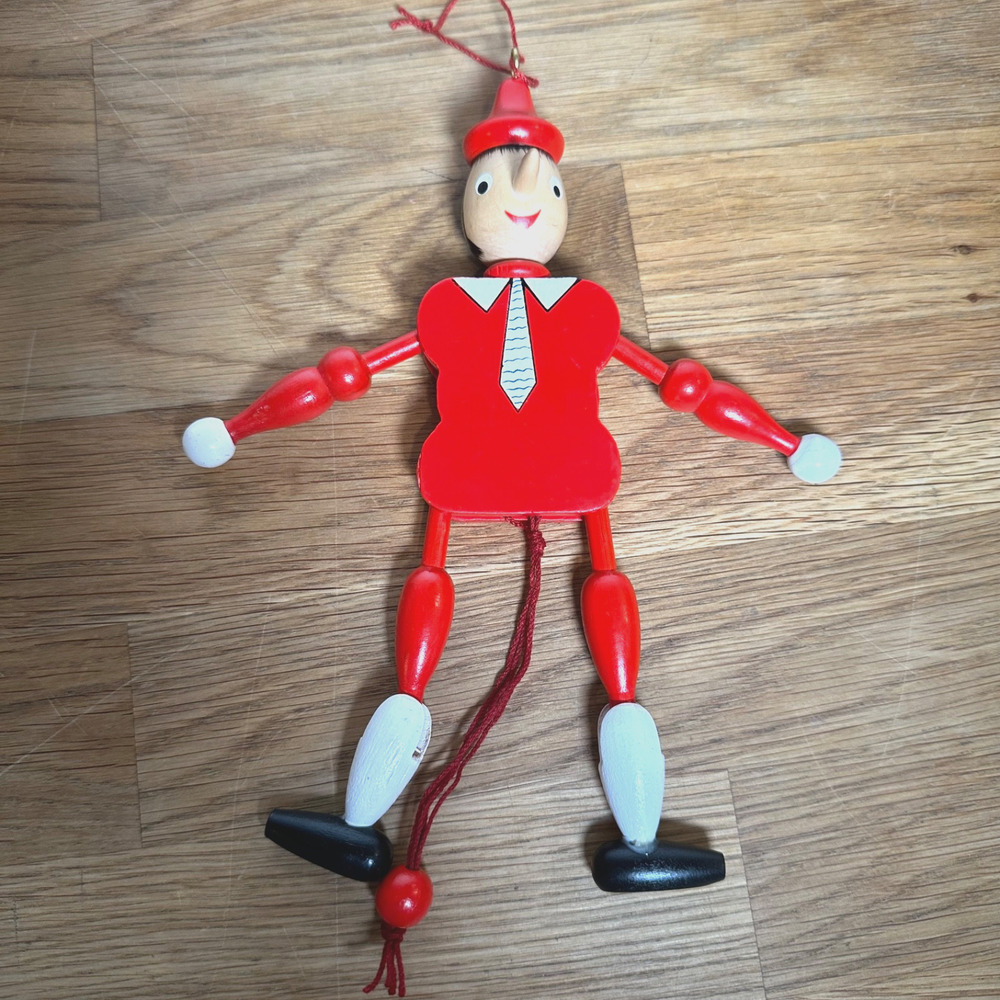 Vintage Wood Pinocchio Pull String Puppet Toy Christmas Ornament Jumping Jack